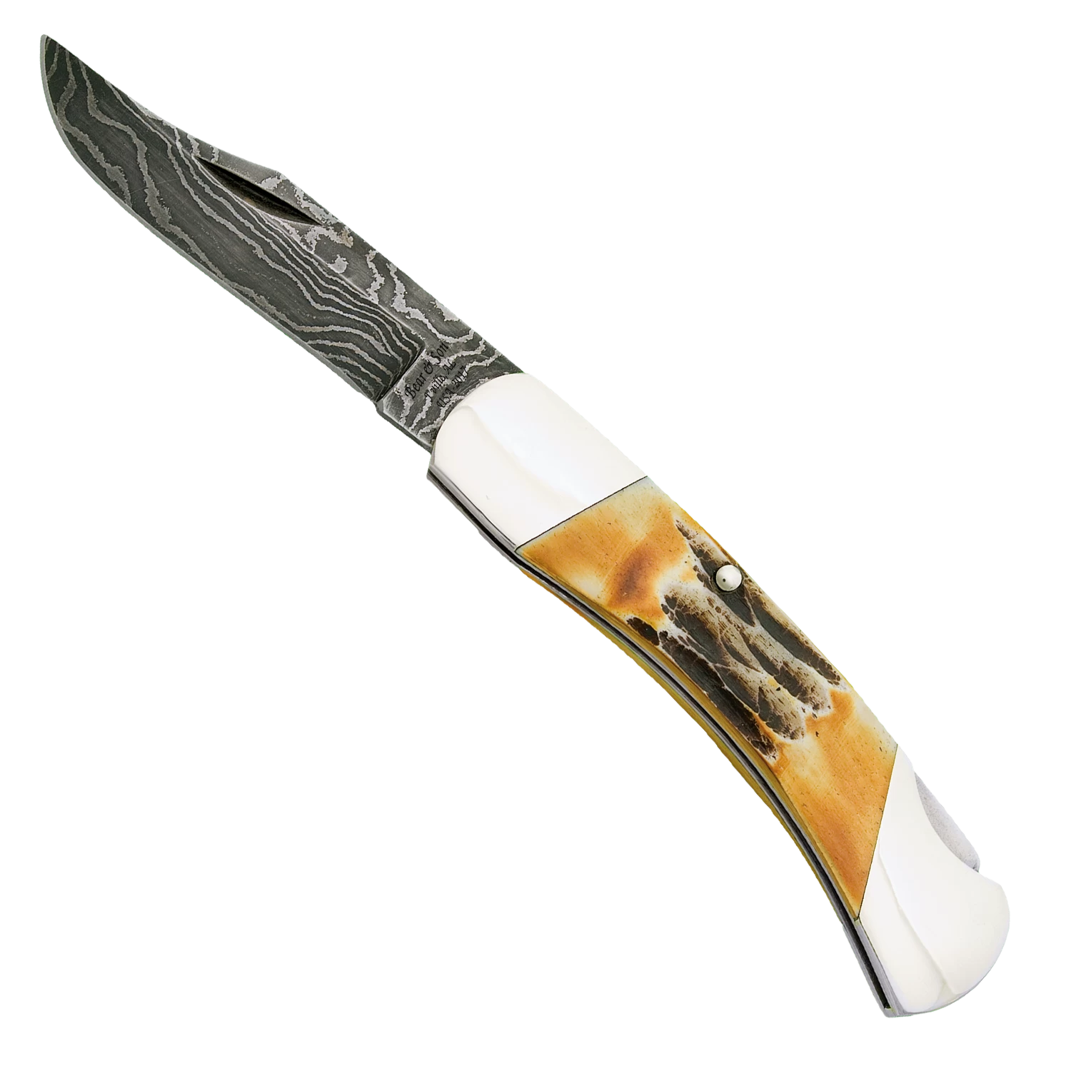 3-3/4″ Genuine India Stag Bone™ Midsize Lockback Damascus – 505D 3 3-3/4″ Genuine India Stag Bone™ Midsize Lockback Damascus – 505D