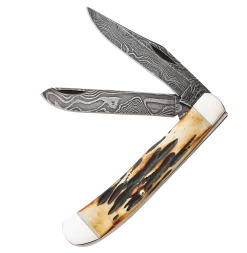 4-1/8″ Genuine India Stag Bone™ 2-Blade Trapper Damascus – 554D