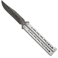 BEAR SONG®  VIII GREY STAINLESS HANDLE W/ DAMASCUS BOWIE CLIP BLADE – B-800-SS-LD