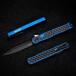 New Arrival 13 HERETIC CLERIC 2 OTF AUTO- DOUBLE EDGE - BLUE HANDLE- TEXTURED BLACK INLAY- DLC BLACK PLAIN EDGE BLADE H020-4A-BLU
