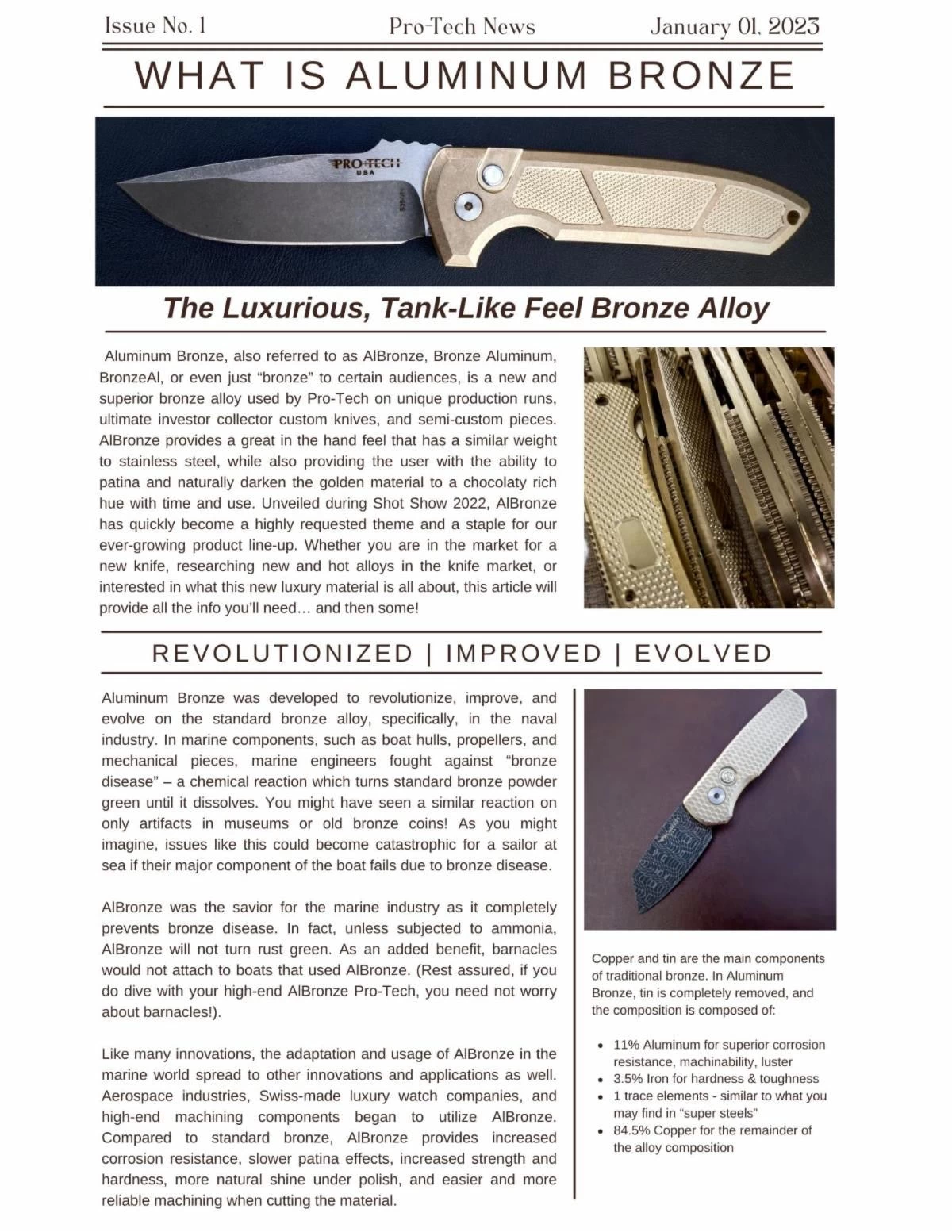 Pro-Tech 7110 Limited Edition Godson AUTO Folding Knife 3.15" 154CM Satin Blade, Stonewashed Bronze Aluminum Handles, Mother Of Pearl Button 4 Pro-Tech 7110 Limited Edition Godson AUTO Folding Knife 3.15" 154CM Satin Blade, Stonewashed Bronze Aluminum Handles, Mother Of Pearl Button - Image 2