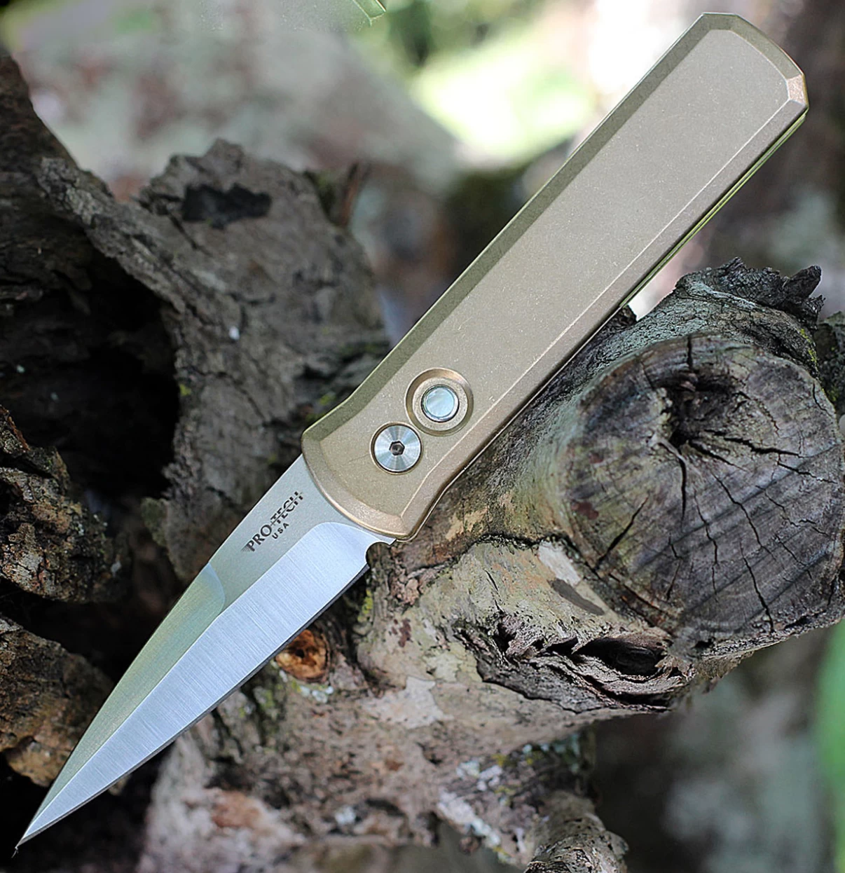 Pro-Tech 7110 Limited Edition Godson AUTO Folding Knife 3.15" 154CM Satin Blade, Stonewashed Bronze Aluminum Handles, Mother Of Pearl Button 3 Pro-Tech 7110 Limited Edition Godson AUTO Folding Knife 3.15" 154CM Satin Blade, Stonewashed Bronze Aluminum Handles, Mother Of Pearl Button