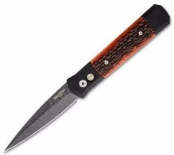 Protech Godfather Automatic Knife W/ Amber Jigged Bone (4" Damascus) 961-D